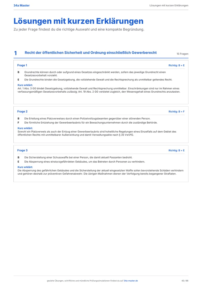 Lösungsseite der 34a PDF mit richtiger Antwort und kurzer Begründung je Frage
